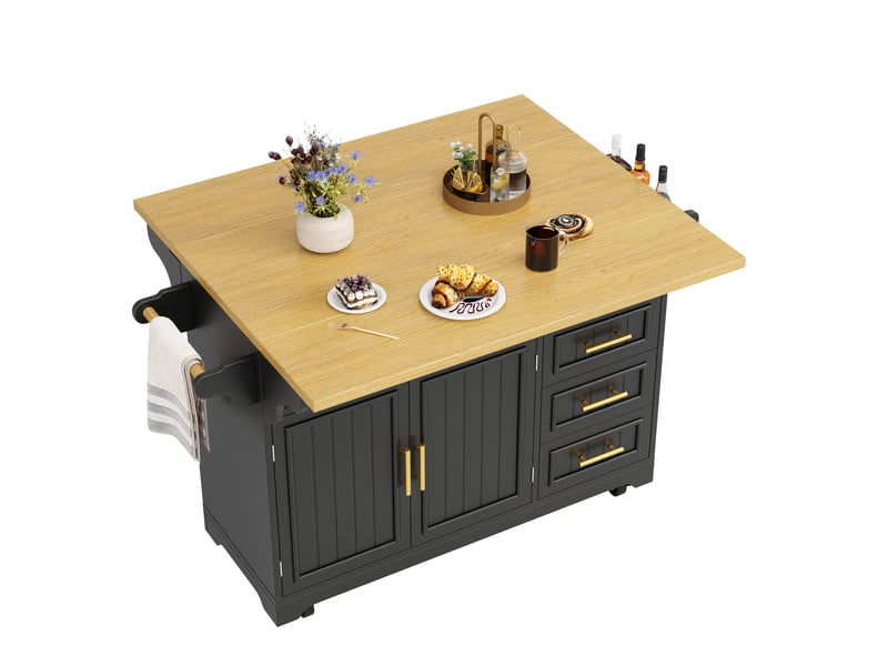  Îlot de cuisine mobile 120 x 40 x 95 cm, plateau extensible, 3 tiroirs, 2 portes et roulettes, noir, style contemporain  - Conforama A