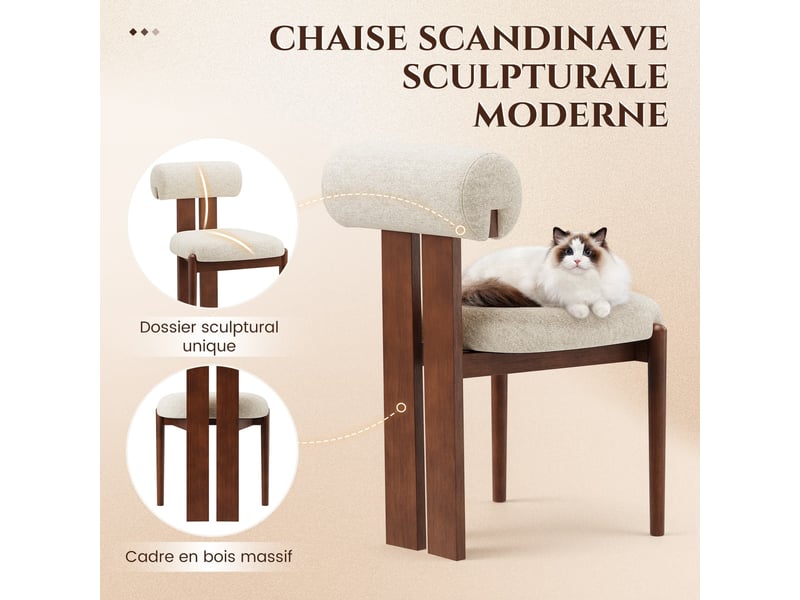  Smartue lot de 2 chaises de salle à manger modernes en tissu beige avec dossier cylindrique et pieds en bois noyer  - Conforama D