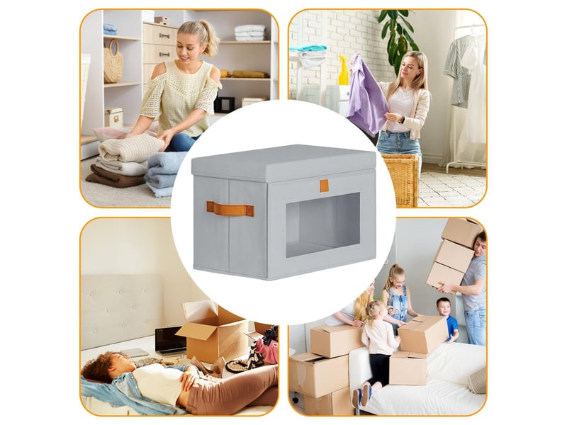  Lot de 4 bacs de rangement pliables en toile oxford gris avec fenêtre – organiseur pour vêtements et dressing  - Conforama E
