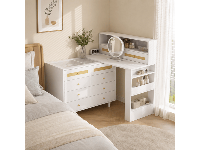  Coiffeuse modulable en l avec miroir 105x50x108cm | style bohème blanc verre et cannage rotin | 10 tiroirs et armoire bijoux - blanc  - Conforama D