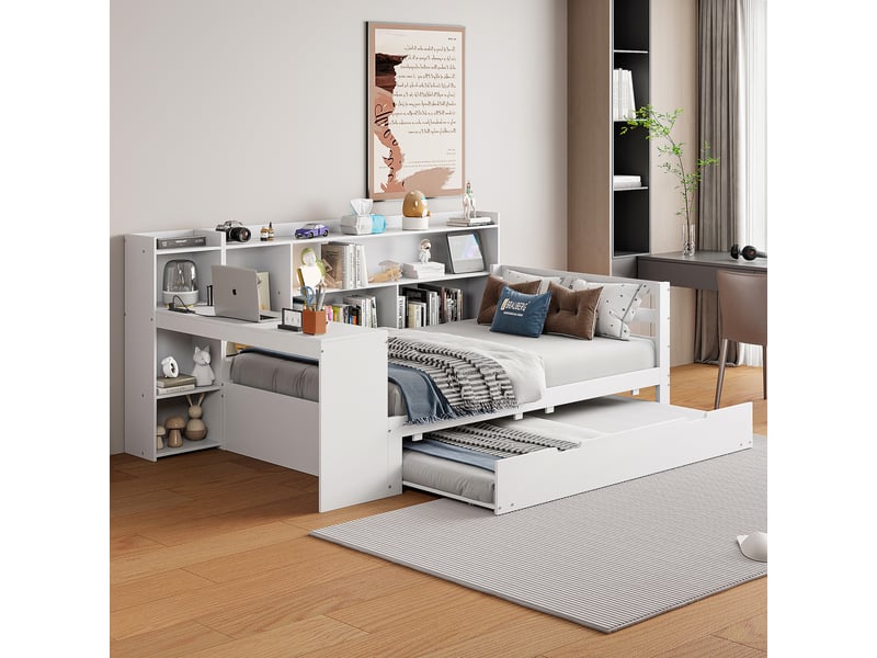  Sofa-lit en bois massif 90*200 cm blanc avec bureau, bibliothèques, prises et lit d'appoint  - Conforama D