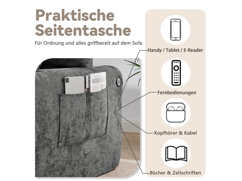 Canapé relax 2 places gris en chenille 220 × 100 × 89 cm, poche latérale, porte-gobelet, coussins et recharge usb - Conforama D