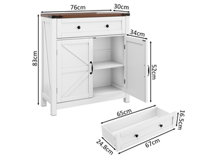 Buffet bas 76x30x83 cm avec tiroirs et étagères réglables, buffet salon en blanc, buffet de cuisine avec plans de travail en noyer