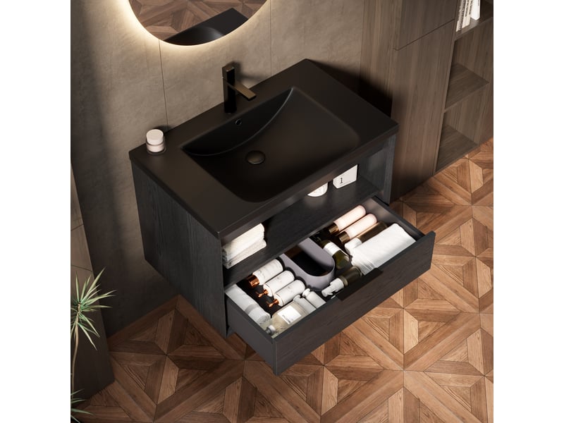  Meuble vasque suspendu 75 cm, vasque noire intégrée, tiroir, étagère, préassemblé, noir bois foncé  - Conforama D