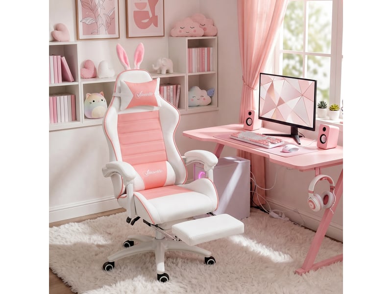 Chaise de jeu ergonomique avec soutien lombaire, repose-pieds et appui-tête oreilles de lapin, rose  - Conforama D