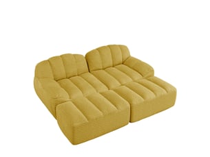 Canapé modulaire 2 places jaune en tissu bouclette avec 2 ottomans, mousse 32d et modules antidérapants pour salon