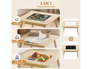 Ensemble 1 table et 2 chaise 3 pièces pour enfants avec plateau réversible espace de bois rangement naturel