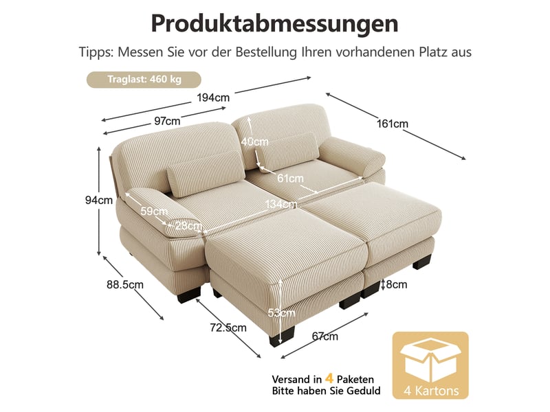 Canapé modulable 2 places en velours côtelé beige, avec 2 poufs, assise profonde, coussin lombaire, 194×161×94 cm - Conforama C
