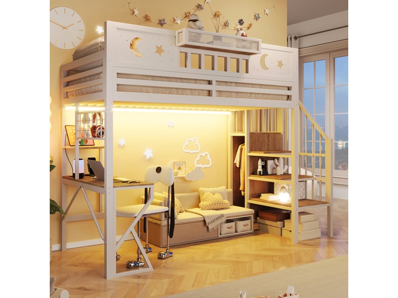 Lit mezzanine 90x200 cm, avec bureau et rangements, led et usb, en métal, blanc, sans matelas - Conforama B
