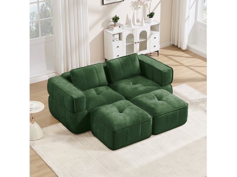 Canapé modulaire 2 places avec deux poufs, assise profonde et larges accoudoirs en polyester vert  - Conforama D