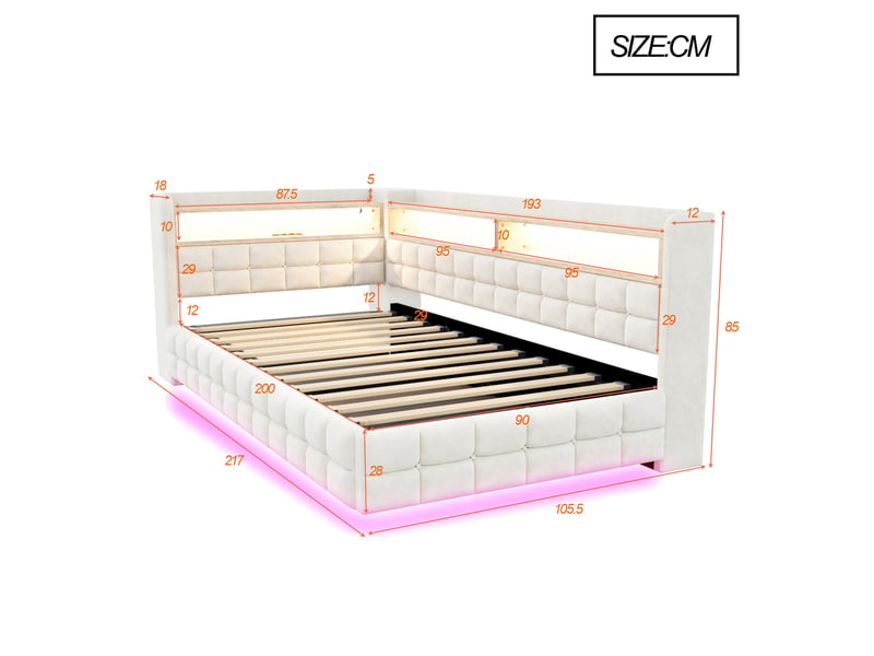  Lit banquette enfant coffre 90 x 200 cm avec led, usb, usb-c, prise et étagères, velours beige Fay Lum - Conforama C