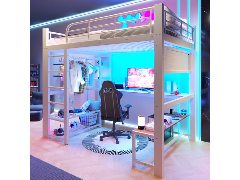  Lit mezzanine 2 places 140×200 cm led, étagères et bureau  - sans matelas, métal - blanc  - Conforama C