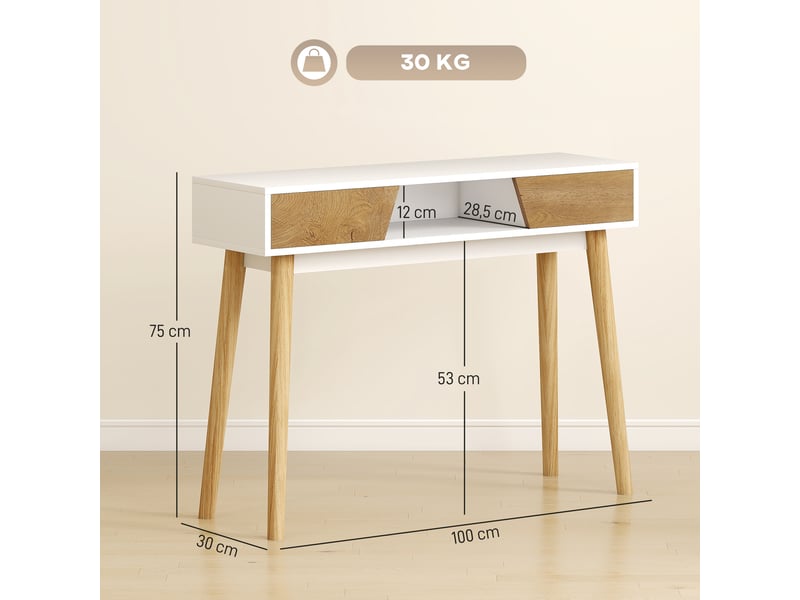  Console d'entrée avec 2 tiroirs, compartiment et pieds en bois, blanche, idéale pour un couloir, une entrée ou un salon.  - Conforama E
