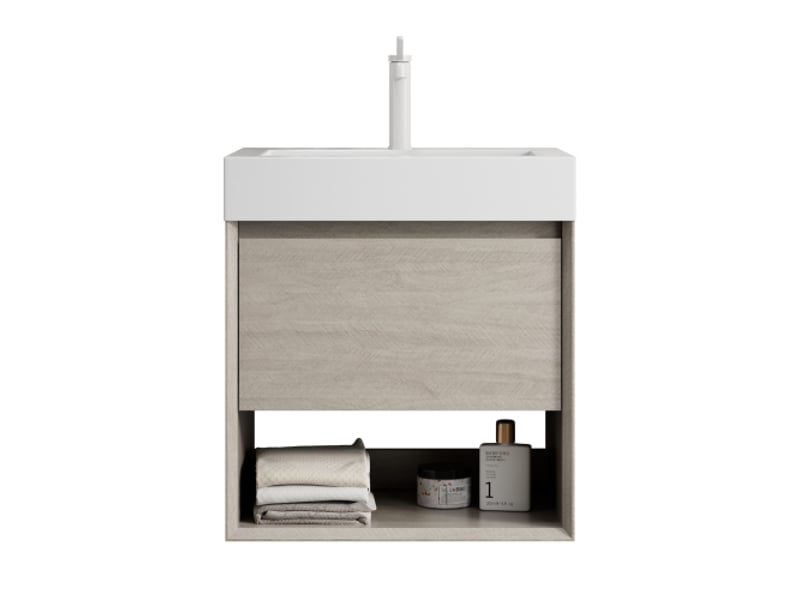  Meuble sous vasque - luz - 55cm - résine blanche - chêne clair - 1 tiroir - 1 étagère 55x46x60cm - Conforama A