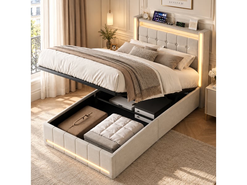  Lit coffre 90x200 cm avec led,usb et hydraulique, lit simple en lin beige, grand rangement, tête de lit capitonnée  - Conforama B