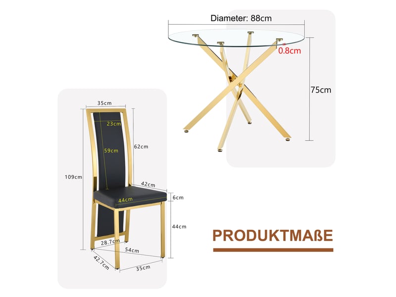  Set de table et de chaises 88 cm luxueux en verre trempé avec structure en métal dorée, combiné à 4 chaises minimalistes noires à bord doré pour la salle à manger  - Conforama C