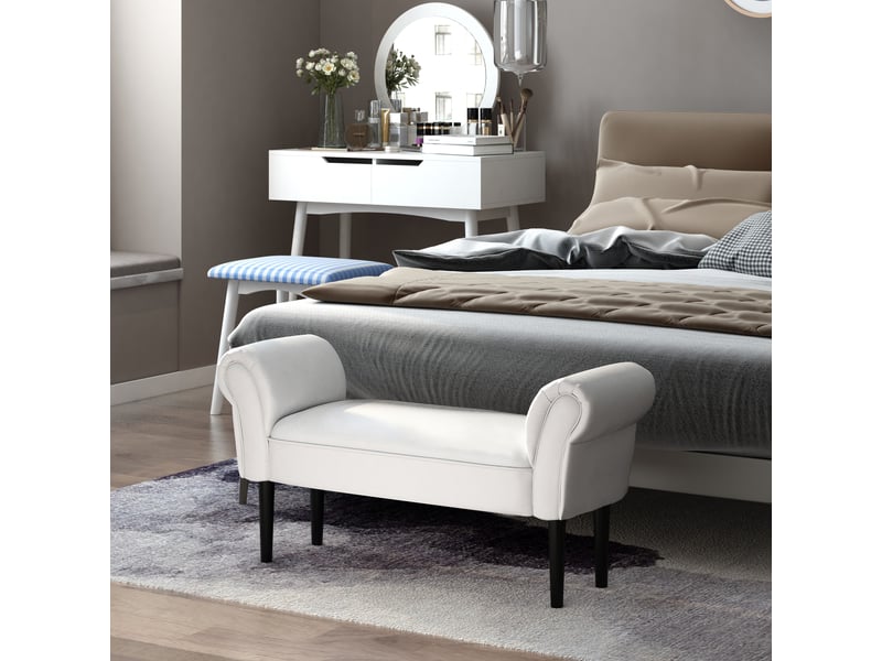  Banc de lit rembourré avec accoudoirs roulés et 4 pieds, 102 x 35 x 51 cm, gris  - Conforama C