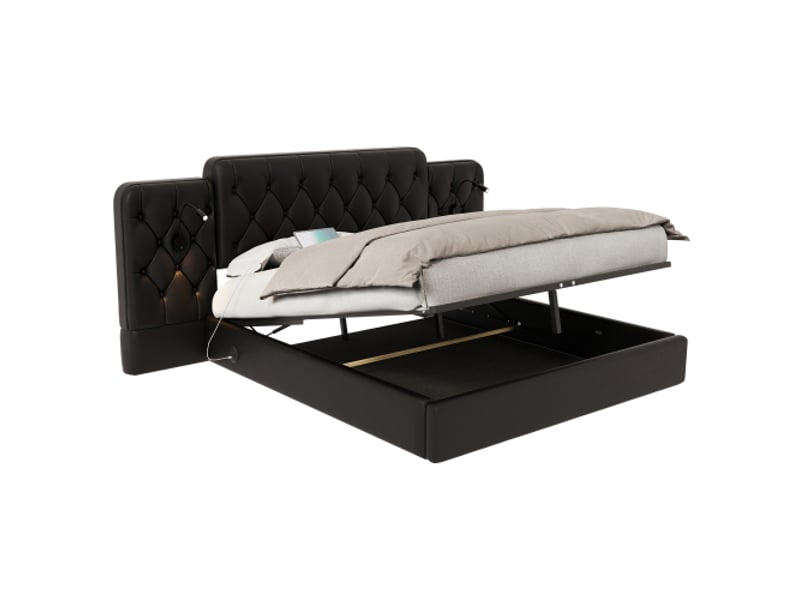 Lit-plateforme noir 160x200 cm, tête longue en velours, ports usb, lampe de bureau, système hydraulique, grand rangement - Conforama A