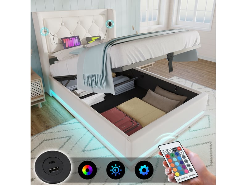 Lit coffre 90 × 200 cm 1 place avec usb, type-c, led et rangement, matelas inclus, en pu blanc  - Conforama E