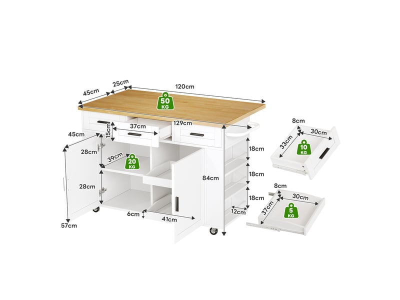  Desserte de cuisine avec plateau rabattable, 3 tiroirs, 2 portes, prises et roulettes blanc naturel 120 × 70 × 84 cm  - Conforama C