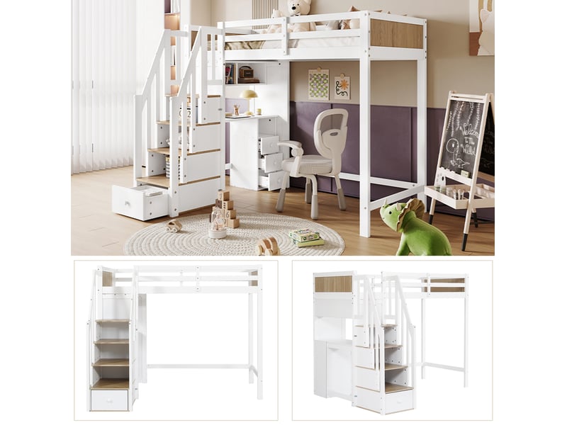  Lit mezzanine enfant 90x200 cm – blanc et naturel – bureau, escalier de rangement, 3 tiroirs – sans matelas  - Conforama E