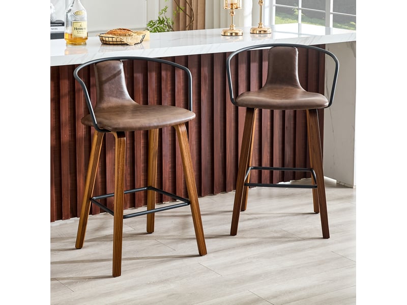  Tabouret de bar avec accoudoirs, dossier ergonomique et repose-pieds, en bois marron, 68 × 52,5 × 44 cm  - Conforama C