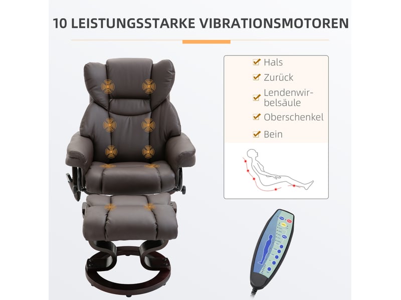  Fauteuil relax massant pivotant avec repose-pied et fonction inclinable en acier marron  - Conforama D