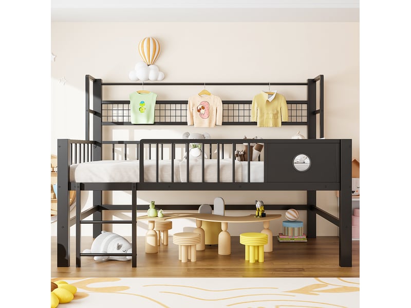  Lit mezzanine bas enfant 90 x 200 cm en métal avec rangement et étagère, noir  - Conforama D