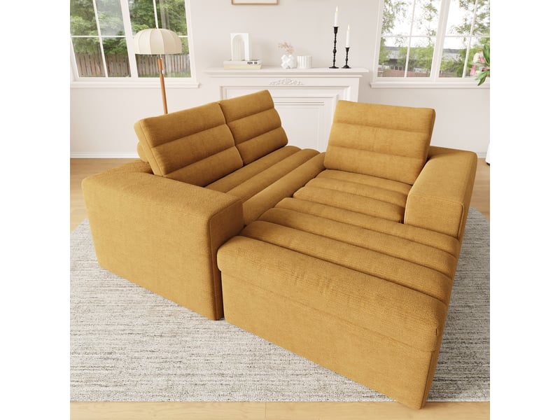  Canapé d'angle modulable en l, tissu chenille orange avec pouf, design nuage sans structure pour salon &amp; grand appartement - 4 places  - Conforama D
