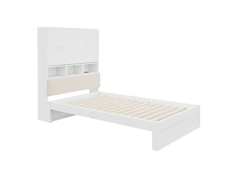 Lit multifonctionnel en bois, 90 x 200 cm, avec dossier rembourré, tête de lit avec rangements, étagères, éclairage led et prise électrique, avec tiroir et sommier à lattes, lit simple, lit enfant, blanc - Conforama E
