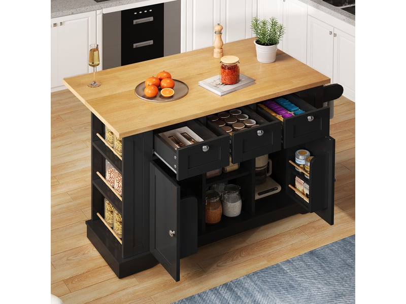  Île de cuisine mobile - 132x70x87 cm - plateau pliable - naturel+noir - mdf - 3 tiroirs - étagères à épices  - Conforama A