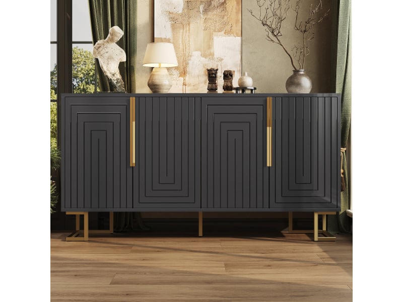  Buffet noir 152×40×75 cm – design géométrique, poignées et pieds dorés, meuble moderne chic  - Conforama B