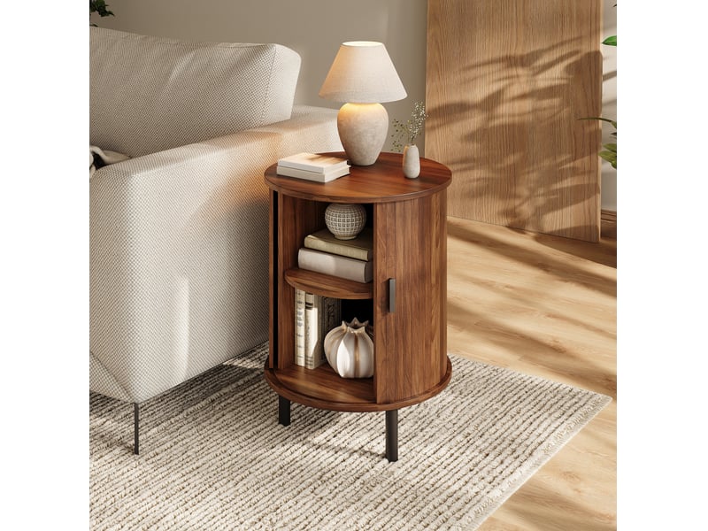  Table d'appoint ronde avec porte coulissante et étagère, pieds métal noirs, noyer pour salon 48 × 48 × 65 cm  - Conforama D