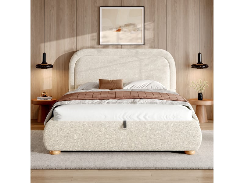  Lit coffre rembourré 140x190 cm en bouclé beige, lit double avec rangement hydraulique et sommier à lattes  - Conforama D