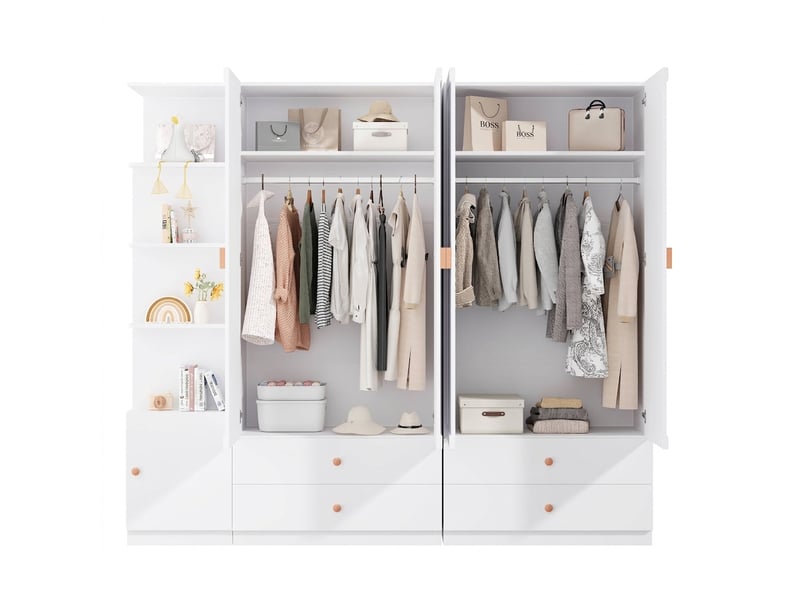  Armoire de chambre blanche 225x200x45 cm avec 3 penderies et 4 tiroirs en bois massif et mdf  - Conforama A