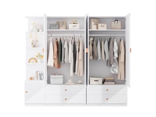 Armoire de chambre blanche 225x200x45 cm avec 3 penderies et 4 tiroirs en bois massif et mdf