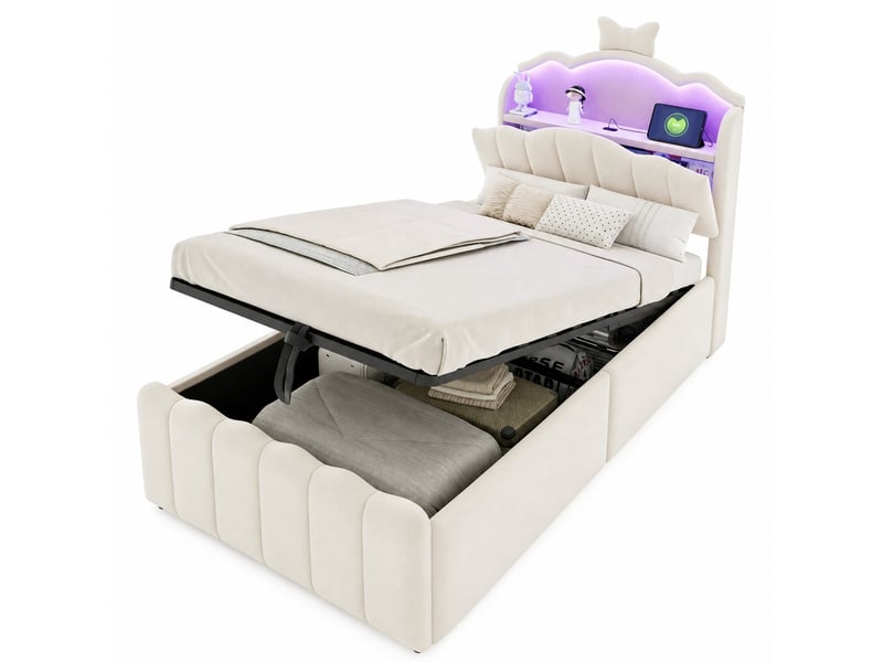  Lit coffre enfant 90x200 cm avec rangement et led, coloris beige, sans matelas  - Conforama A