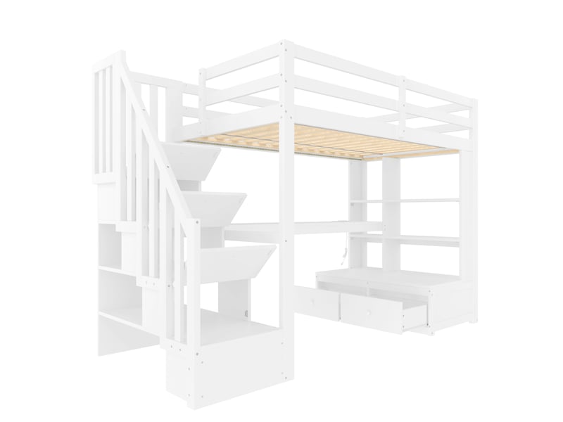  Lit mezzanine 90 x 200 cm, bureau, étagères et 2 tiroirs intégrés, escalier avec rangement, couchage enfant moderne gain de place, blanc evarich - Conforama D
