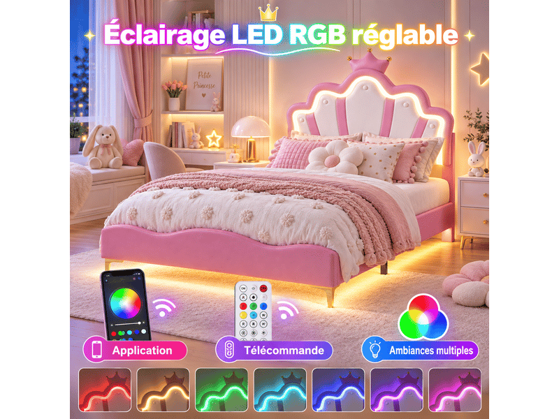  Lit enfant 140x190 avec sommier - éclairage led rgb - lit fille princesse avec tête de lit réglable - décor couronne -similicuir - lit enfant 140x190 avec led réglables -lit fille avec tête de lit en forme de couronne -lit une p…  - Conforama B