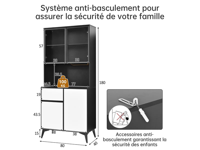  Vitrine 4 portes 1 tiroir avec led réglable, étagères et porte-verres pour salle à manger en mdf noir et blanc 80 × 40 × 180 cm  - Conforama C