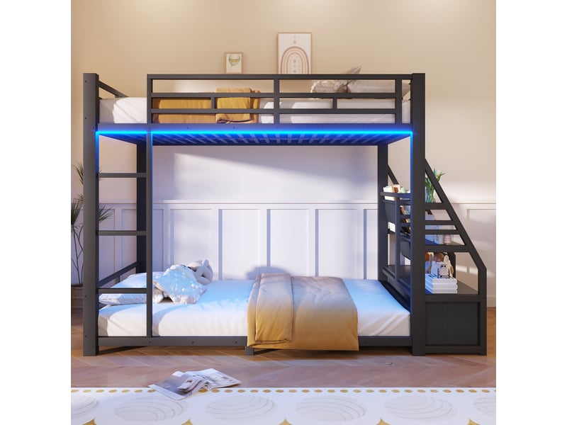 Lit superposé 90 × 200 cm 2 places avec led, étagères et 2 tiroirs, sans matelas, en métal et bois noir - Conforama B