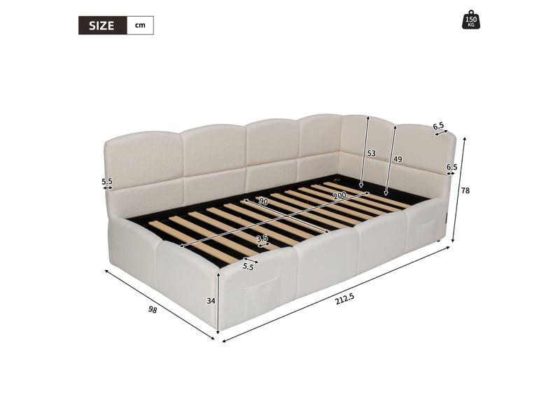  Lit coffre banquette 90x200 cm en tissu bouclé beige avec ports usb  - Conforama C
