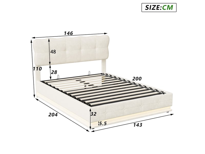 Lit 140x200cm - lit coffre 140x200cm - tête de lit de rangement led et sommier relevable - velours beige - Conforama E