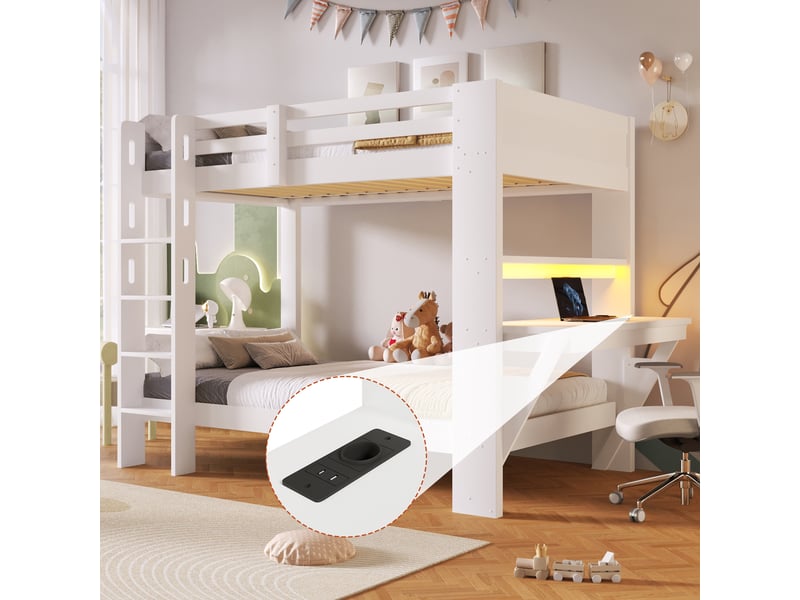 Lit superposé 90 x 200 cm en pin avec bureau, prise électrique et bande led, structure gain de place pour chambre enfant ou ado, blanc, sans matelas, design moderne OPULERANE TRADING LTD - Conforama E