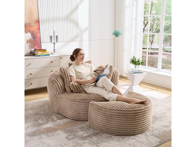  Fauteuil rond avec pouf - 168x123x63 cm - canapé lit lounge velours côtelé avec 5 coussins sans structure rigide - camel  - Conforama C