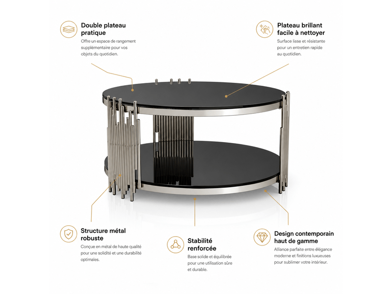  Table basse ronde en verre noir 80cm avec double plateau verre et base acier argenté pour salon  - Conforama D
