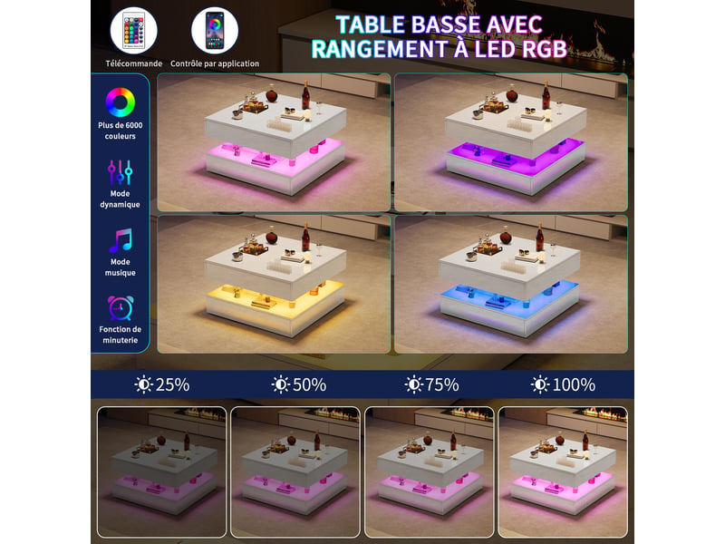 Table basse 78x78cm blanc brillant - design moderne, éclairage led rvb (télécommande et app) et 2 tiroirs - Conforama E