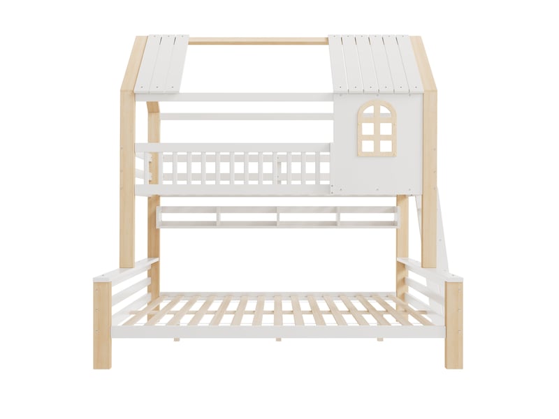 Lit superposé cabane 90x200 et 140x200 cm avec garde-corps, blanc et bois naturel - Conforama A