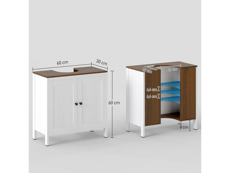  Meuble sous lavabo meuble de salle de bain 2 portes avec étagère 60 x 30 x 60 cm blanc et aspect bois  - Conforama E