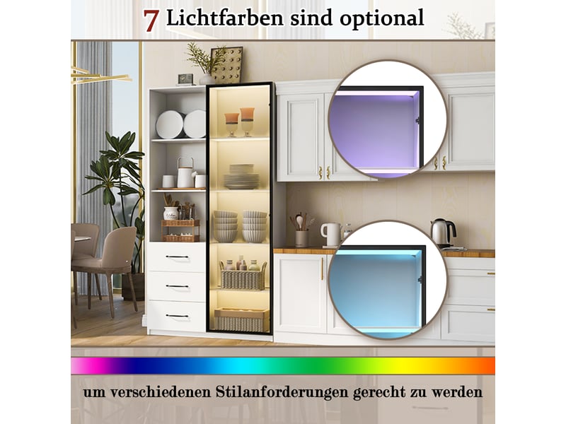 Vitrine led blanche 80x40x160 cm, bibliothèque avec porte en verre trempé, 3 tiroirs et étagères, cadre aluminium pour salon.  - Conforama W